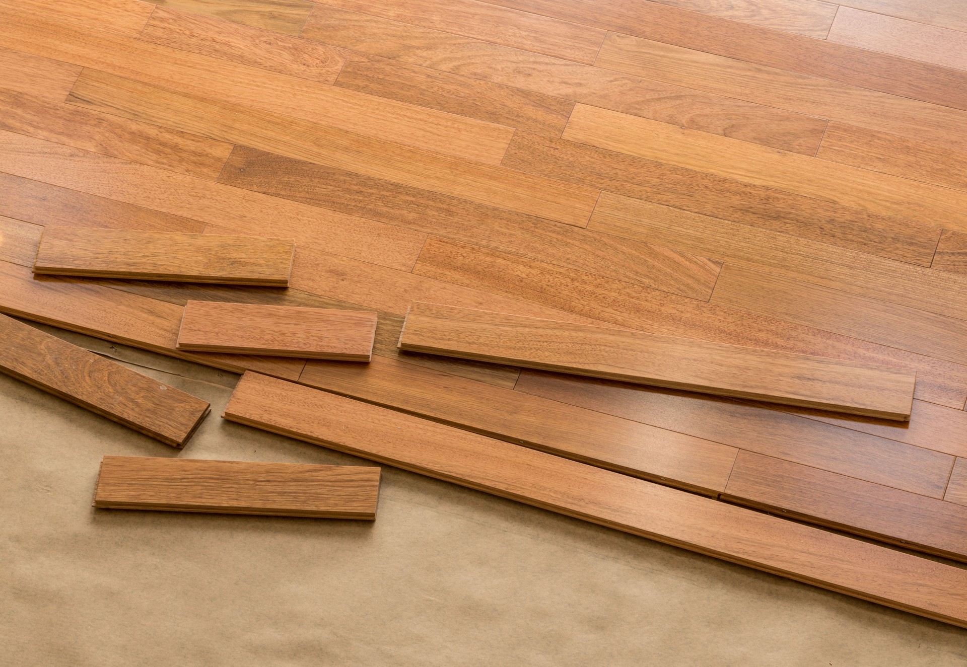 Installation of brazilian cherry hardwood flooring in room